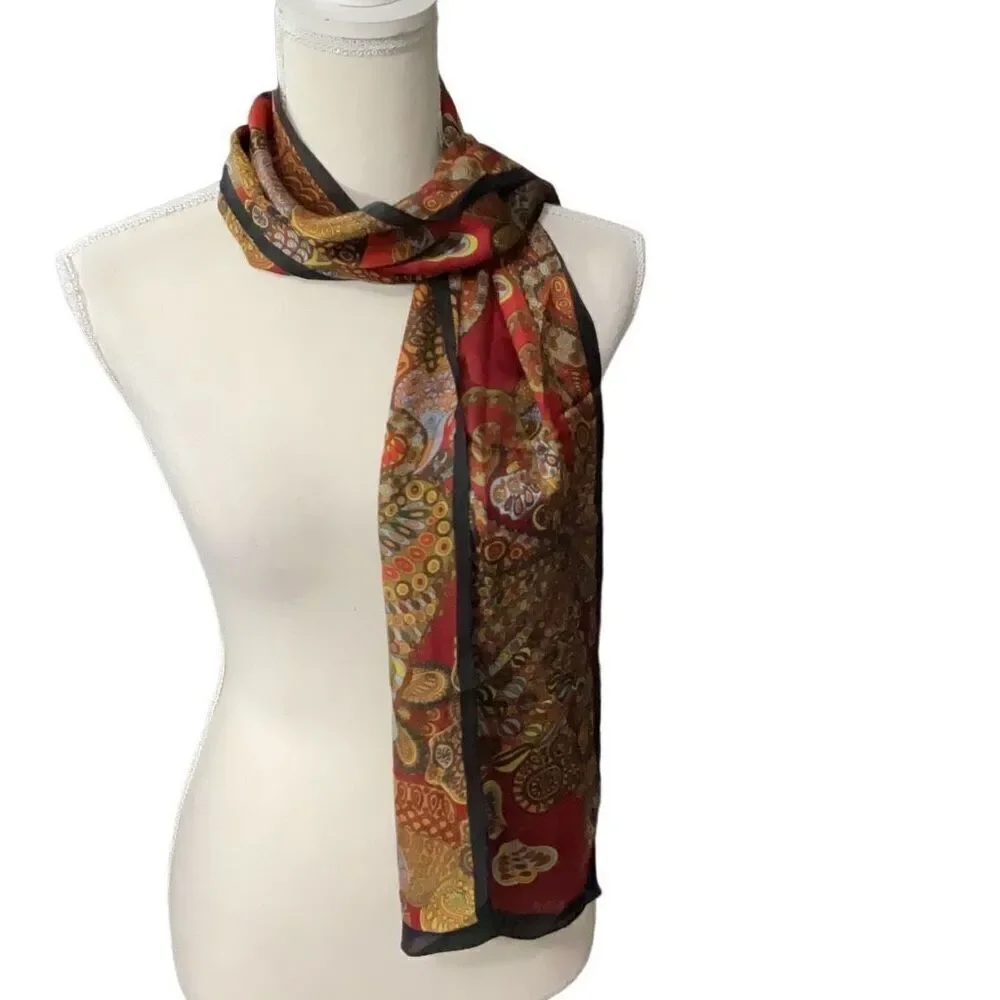Harve Bernard 100% Silk Scarf Butterflies Geometric Red Black Brown 53 x 10